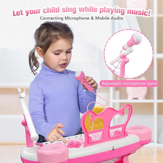 31-Key Rose Pink Kids Piano Toy Keyboard with Bench - Portable Electronic Multi-Functional Music Instrument with Microphone, Ideal Christmas & Birthday Gift for Girls & Kids Aged 3-5 Years Old