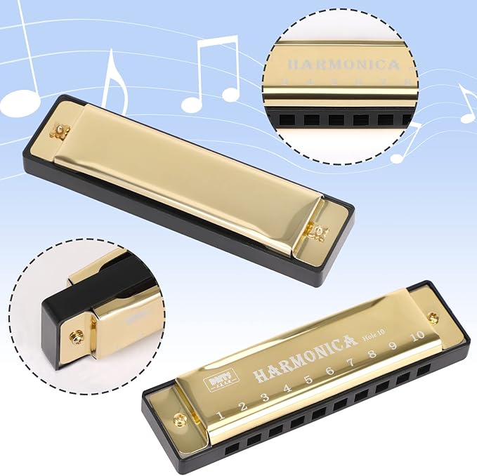 UPINS Harmonica, 4PCS Key of C 10 Hole 10 Tones Titanium Color Harmonica with Case for Beginner (Gold, Silver)