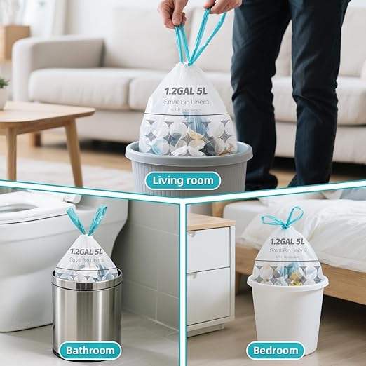 OKKEAI 1.2 Gallon Mini Drawstring Trash Bags, Small Bathroom Garbage Bags 5L – Leak-Proof Tear-Resistant Wastebasket Liners for Bathroom, Office 70 Count