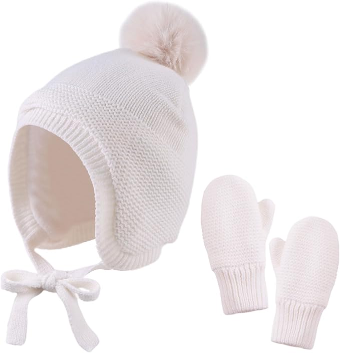 Basic Winter Baby Beanie Gloves Boys Girls Knitted Hat Pompom Kids Earflap Hats Warm Infant Toddler Beanie Mittens Set