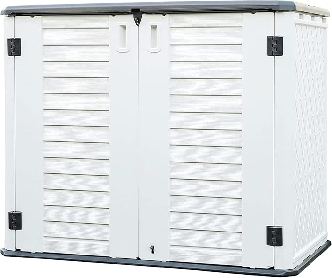 KINYING Outdoor Storage Shed - Horizontal Storage Box Waterproof for Garden, Patios, Backyards, Multi-Opening Door for Easy Storage of Bike, Garbage Cans, Tools, Lawn Mower, Off-White, 26 Cubic Feet