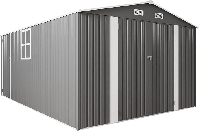 10x14x6.7FT Outdoor Storage Shed, Galvanized Steel Garden Shed with Lockable Door & Window, Waterproof Metal Tool Storage for Garden, Backyard, Patio, Lawn(Grey)