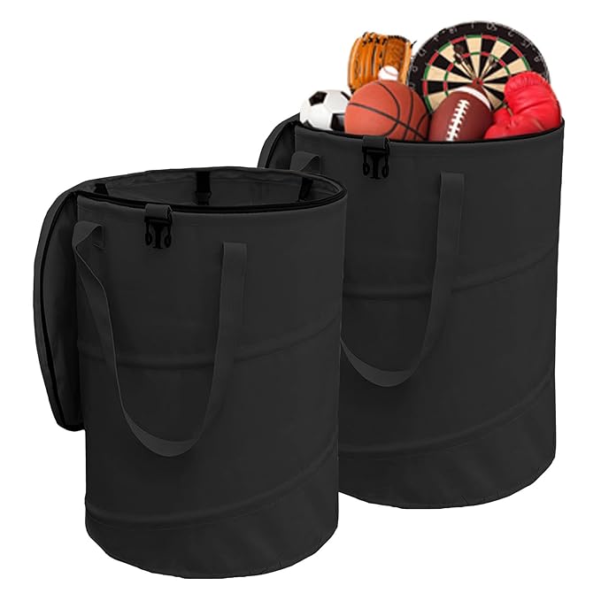 Pop up Camping Trash can with lid, 2-Pack Collapsible 24 Gallons Trash can with Sorting Clips, Garden Garbage Bag with Lid, Lawn and Leaf Bags - Reusable Yard Waste Bags (2Pcs-Black)