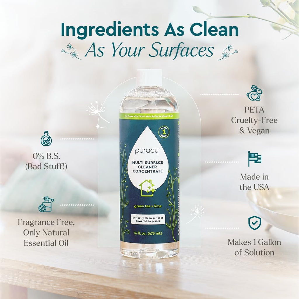 Puracy 99.9% Natural All Purpose Cleaner Concentrate - Makes 128oz Multi Purpose Cleaner - Green Tea & Lime - Surface Cleaner, Floor Cleaner, Kitchen, Cleaner, Bathroom Cleaner - Cleaning supplies