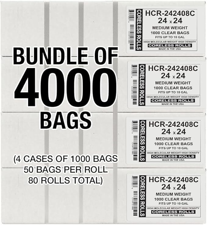 Aluf Plastics High Density Trash Bags, 10 Gallon, 4000 Count, 8 Micron (eq), 24" x 24", Clear, for Bathroom, Office, Industrial, Commercial, Janitorial, Municipal, Recycling