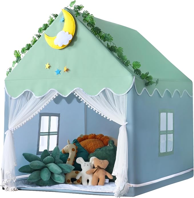 Wilwolfer Kid Tent with Mat, Star Lights - Kids Play Tents for Toddlers Kids Tents Indoor Playhouse - Princess Tent for Girls Toy House Gift (Green with Mesh)