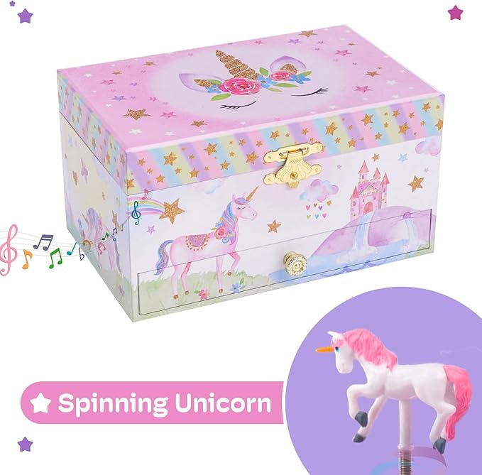Jewelkeeper Jewelry Box for Girls with 1 Drawer - Unicorn Musical Jewelry Boxes, Beautiful Dreamer Tune, Spinning Unicorn Doll, Little Girl Music Box, Gifts for 5 Year Old Girls (Engineered Wood)