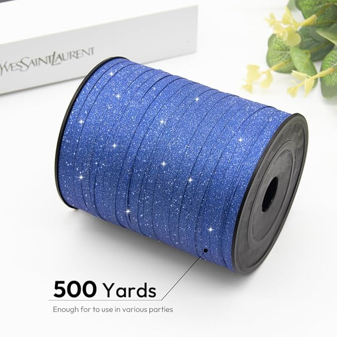 Blue Glitter Curling Ribbon, 1/5" Wide x 500 Yards Christmas Curling Ribbons for Gift Wrapping, Party Decoration, Balloon String, Crafting, Balloon Ribbons for Florist Flower (1 Roll)