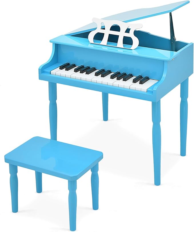 Goplus 30-Key Classical Kids Piano, Mini Grand Piano Wooden Learn-to-Play Musical Instrument Toy with Bench, Piano Lid, Music Rack, Gift for Boys Girls Aged 2+ Baby Toddler (4 Straight Leg-Blue)