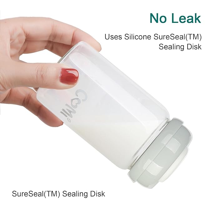 COMI Wide Neck Glass Breastmilk Collection n Storage Bottle, 8oz with Screw Ring Sealing Disk; Re-markable Sealing Disc. BPA Free, Fits Breast Pumps & Nipples (4 Gray Lids)