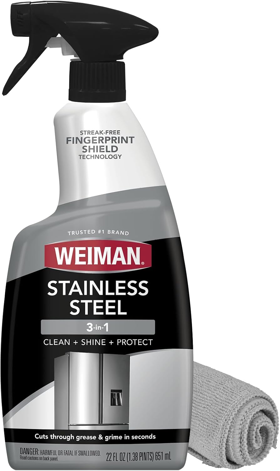 Weiman Stainless Steel Cleaner and Polish - Microfiber Cloth - Protects Appliances from Fingerprints and Leaves a Streak-Free Shine for Refrigerator | Dishwasher | Oven | Grill