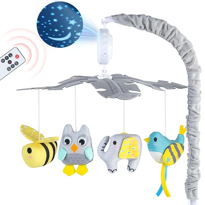 VZO Baby Crib Mobile with Music and Lights, Mobile for Crib with Remote Control, Rotation, Starlight Projection, Crib Toys for Babies Boys Girls Gray