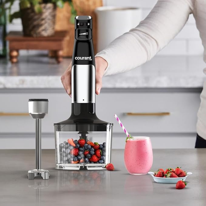 Courant Immersion Handheld Blender,4 in 1 400W Stick Blender, Variable Speed Stainless Steel Blades, Blending shaft Whisk,Chopper,Masher, Beaker Stainless Steel, LED Display