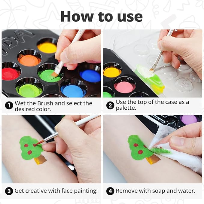 Grida Face Painting Kit for Kids - Grida Professional Party Kit Night Pack with 12 Skin-Safe, Vegan, Cruelty-Free, 2 Art Brushes, 1 Palette - Easy-Remove Face Paint & Glow in Dark Effect