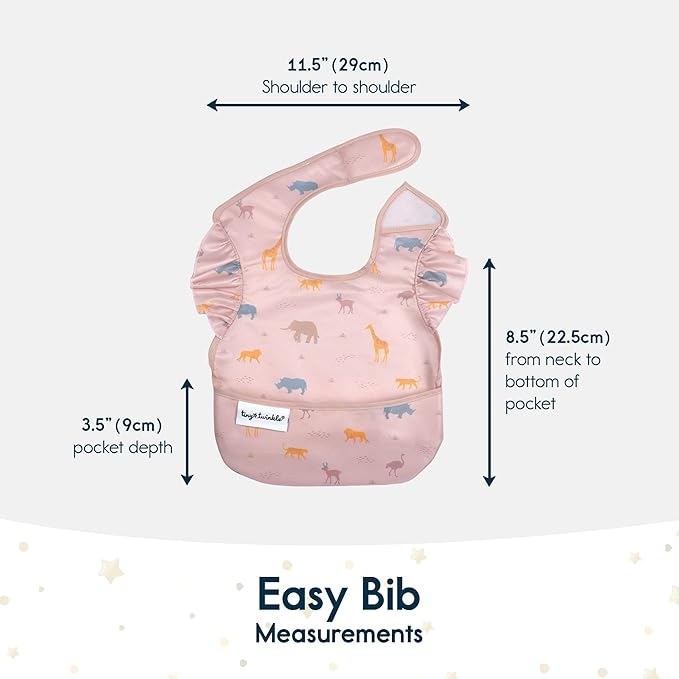 Tiny Twinkle Mess Proof Baby Bibs for Eating - Waterproof, Wipeable Bibs - Toddler Bibs - Travel Friendly - PFAS, PVC, BPA, Phthalate Free - Baby Food Bibs(3 Pack,Petite Safari)