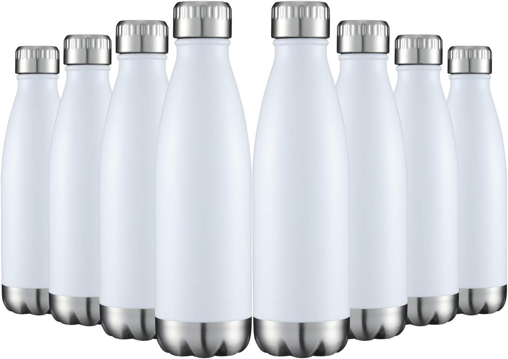 HASLE OUTFITTERS 17oz Stainless Steel Water Bottles Bulk, Vacuum Insulated Water Bottles Double Walled Powder Coated Reusable Metal Sports Water Bottles Keep Drinks Hot and Cold, White, 8Packs