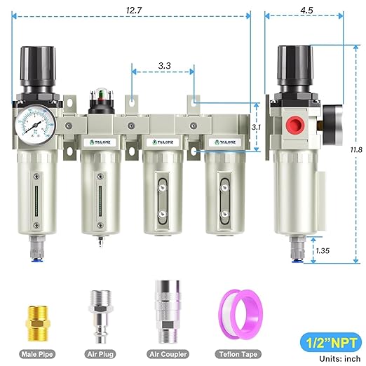 TAILONZ PNEUMATIC 0-240 PSI 1/2 Inch NPT Industrial Grade 4-Stage Air Drying System, Particulate Filter, Dual Desiccant Dryer, 5 Micron & 0.01 Micron Filtration (Auto Drain)