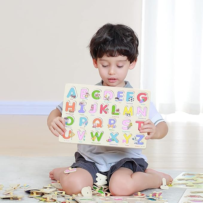 GRINNNIE Wooden Montessori Toddler Puzzles for 1 2 3 4 Years Old, 3 Pcs (Number, Letter, Shape) Kids Preschool Educational Peg Puzzle Set