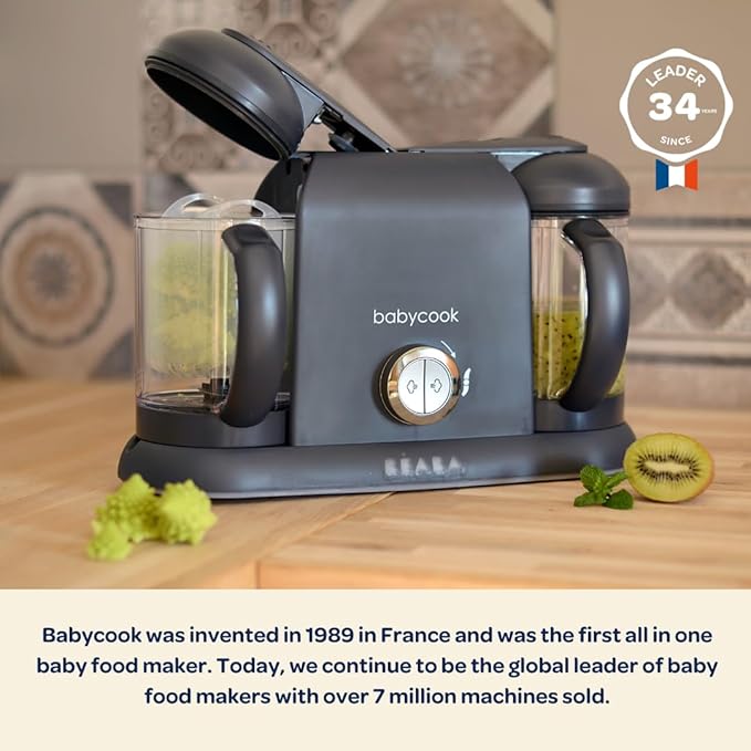 BEABA Babycook Duo 4 in 1 Baby Food Maker, Puree Steamer and Blender for Purees, Grinder with Auto Steam Cooking, Lrg 9.1 Cup Capacity, Makes 54 Servings in 20 Mins, Charcoal