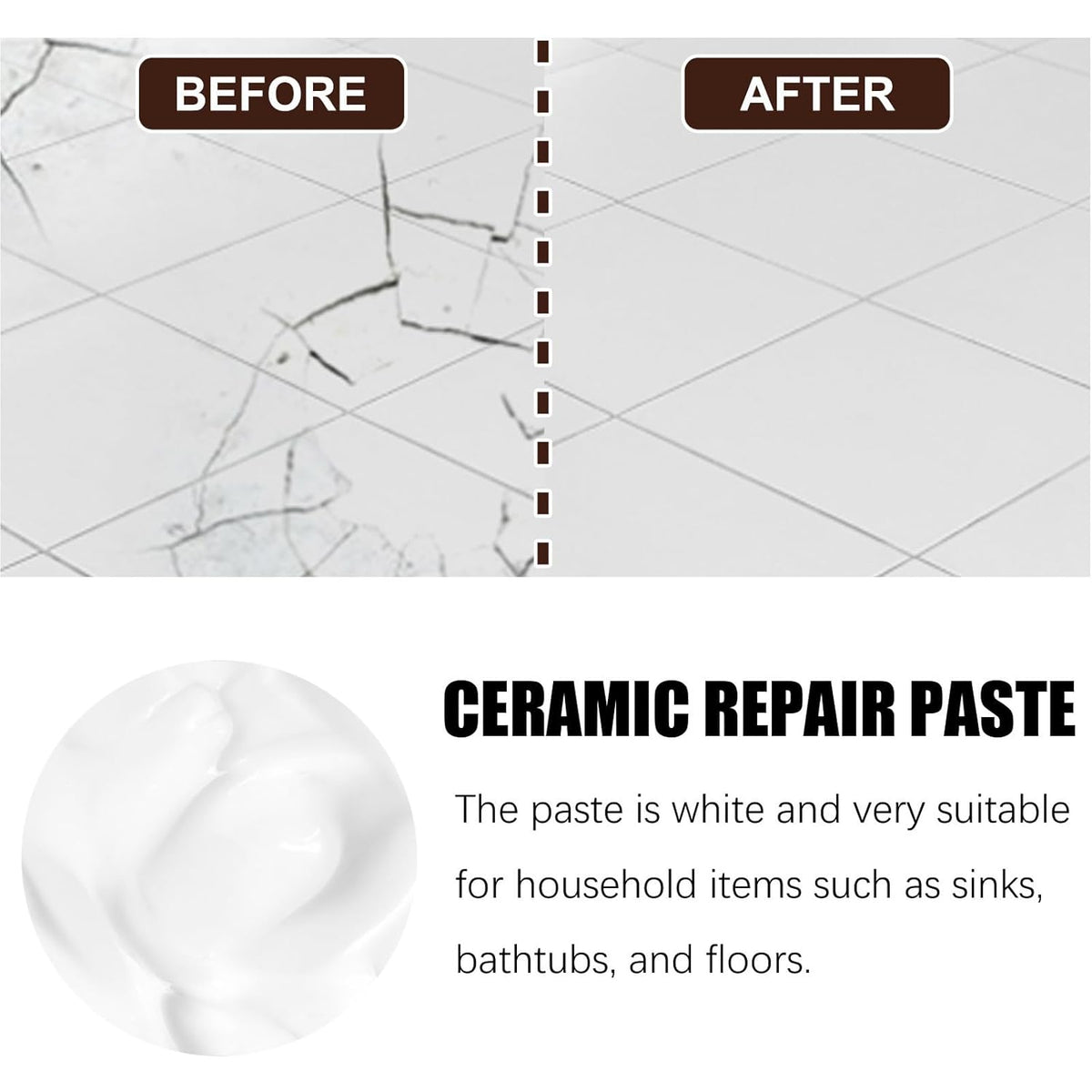 Tile and Ceramic Glaze Repair Paste,Ceramic Tile Crack Repair,Porcelain Sink Repair Kit,Tilegrout Repair,for Bathtub Tilefloors,Sinks, and Toilets (2PC)