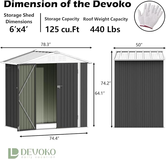 Devoko Outdoor Storage Shed 6 x 4 FT Lockable Metal Garden Shed Steel Anti-Corrosion Storage House with Double Lockable Door for Backyard Outdoor Patio (Gray)