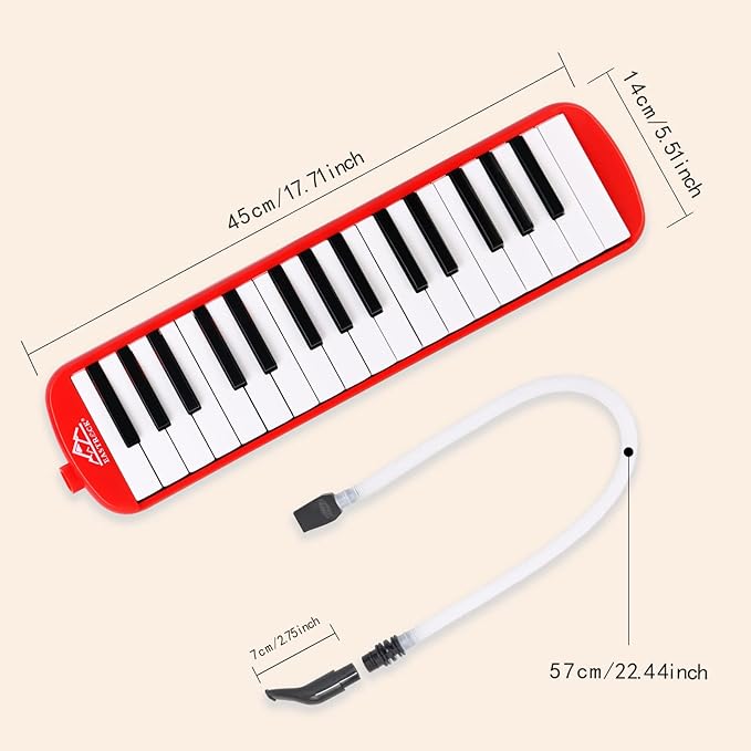 EastRock 32 Key Melodica Instrument Keyboard Soprano Piano Style with Mouthpiece Tube Sets and Carrying Bag for Beginners Adults Gift Red