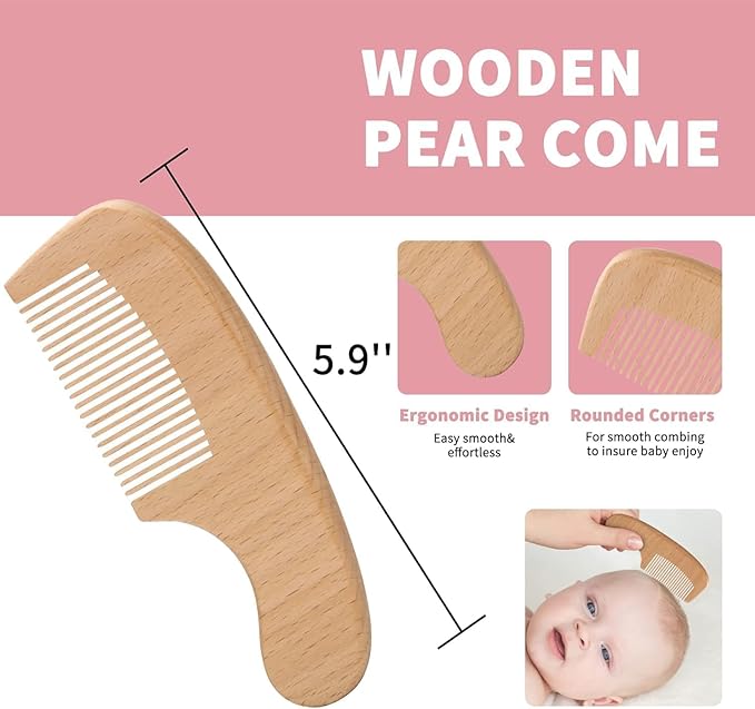 Goat Baby Hair Brush Set, Safe Natural Hair Care Kit with Wooden Soft Bristles Hairbrush Comb Pink Silicone Bath Brush for Newborns Toddlers (3pcs Set)