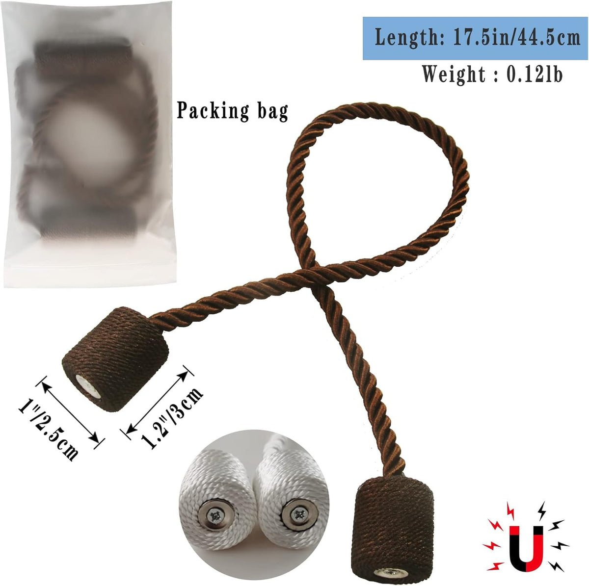 Magnetic Curtain Tiebacks 4 Pack Coffee Curtain Rope Tieback Curtain Holders for Drapes Modern Tie Backs Decorative Curtain Holdbacks
