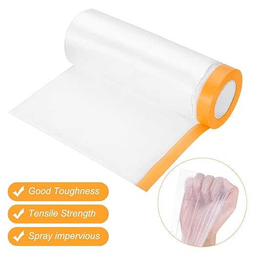 uxcell 2 Rolls Painters Plastic with Tape, 10 x 52 Ft Pre-Taped Masking Film Tape and Plastic Film Paint Plastic Covering Roll for Covering Skirting, Frames and Auto Body, Yellow/Clear