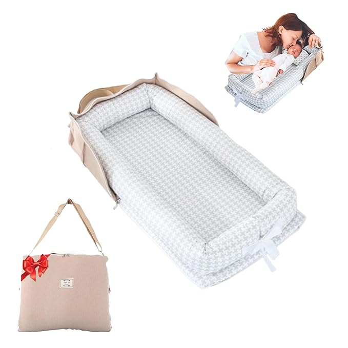 Baby Lounger for Newborn Portable Bag,Baby Nest Play Gym mat with Strap,Newborn Lounger Adjustable Size & Inner Zipper Lengthen Space to 24 Months(Gray Thousand Bird Check)