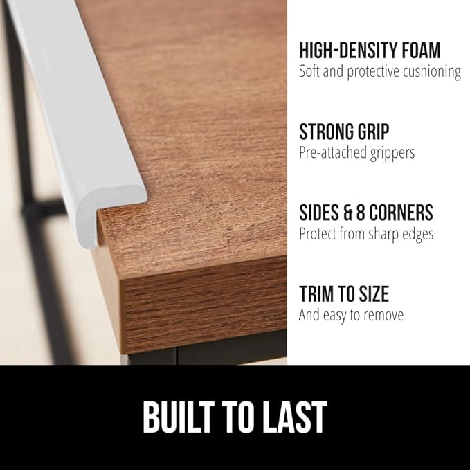 GORILLA GRIP Baby Proof Corners and Edges for Furniture, Kid Proofing Adhesive Table Corner Protectors, Heavy Duty Soft Rubber Foam Protection, Includes 8 Protective Safety Guards, 18 Feet, Off White