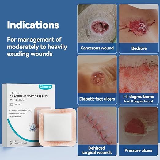 Dimora Silicone Super Absorbent Wound Dressings - Gentle Adhesive Bandages with Ultrasorb Polymer,Heavy Exudate Wound Care Pads 5"X 5" 10 Packs