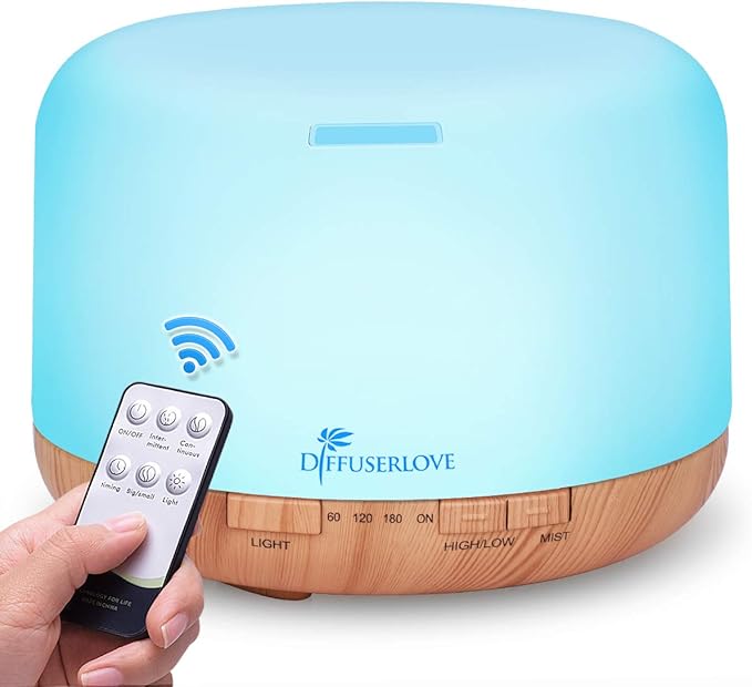 Diffuserlove Diffuser Essential Oil Diffusers 500ML Remote Control Aroma Diffuser Cool Mist Aromatherapy Diffuser with Mute Design, Timer and Auto Shut-Off for Office Living Room Yellow