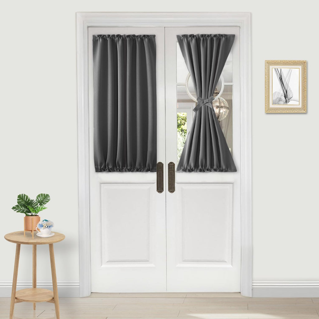 DWCN French Door Curtains – Rod Pocket Thermal Blackout Curtain for Doors with Glass Window, Kitchen and Patio Doors for Privacy, 25 X 40 Inch Length, 1 Curtain Panel with Tieback, Dark Grey