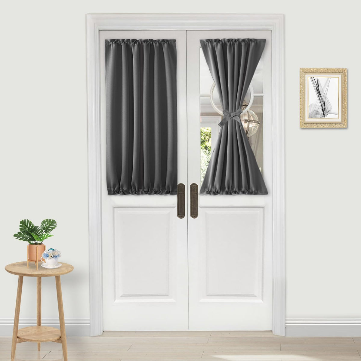 DWCN French Door Curtains – Rod Pocket Thermal Blackout Curtain for Doors with Glass Window, Kitchen and Patio Doors for Privacy, 25 X 40 Inch Length, 1 Curtain Panel with Tieback, Dark Grey