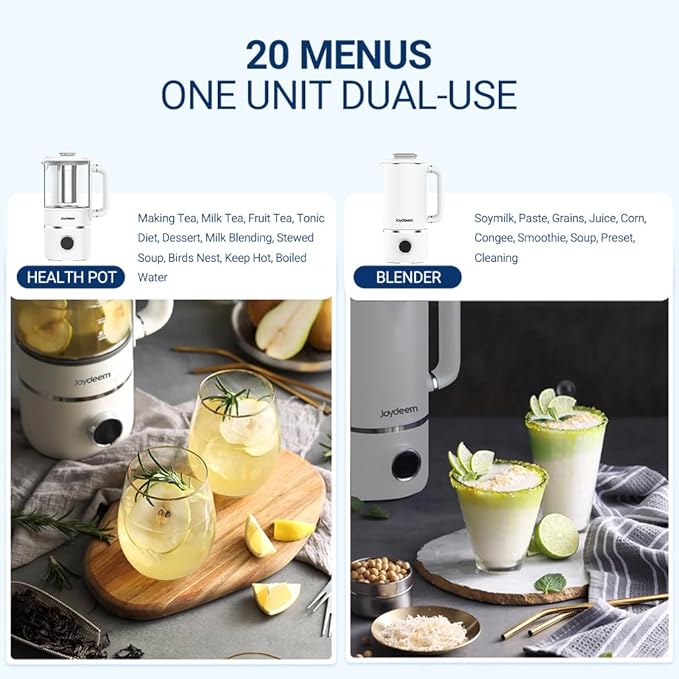 Joydeem JD-PB8200 Compact Blender with 10 Menus, Quiet Cooking Blender for Soymilk, Paste & Juice, 304 Stainless Steel, 12H Preset, 600ml