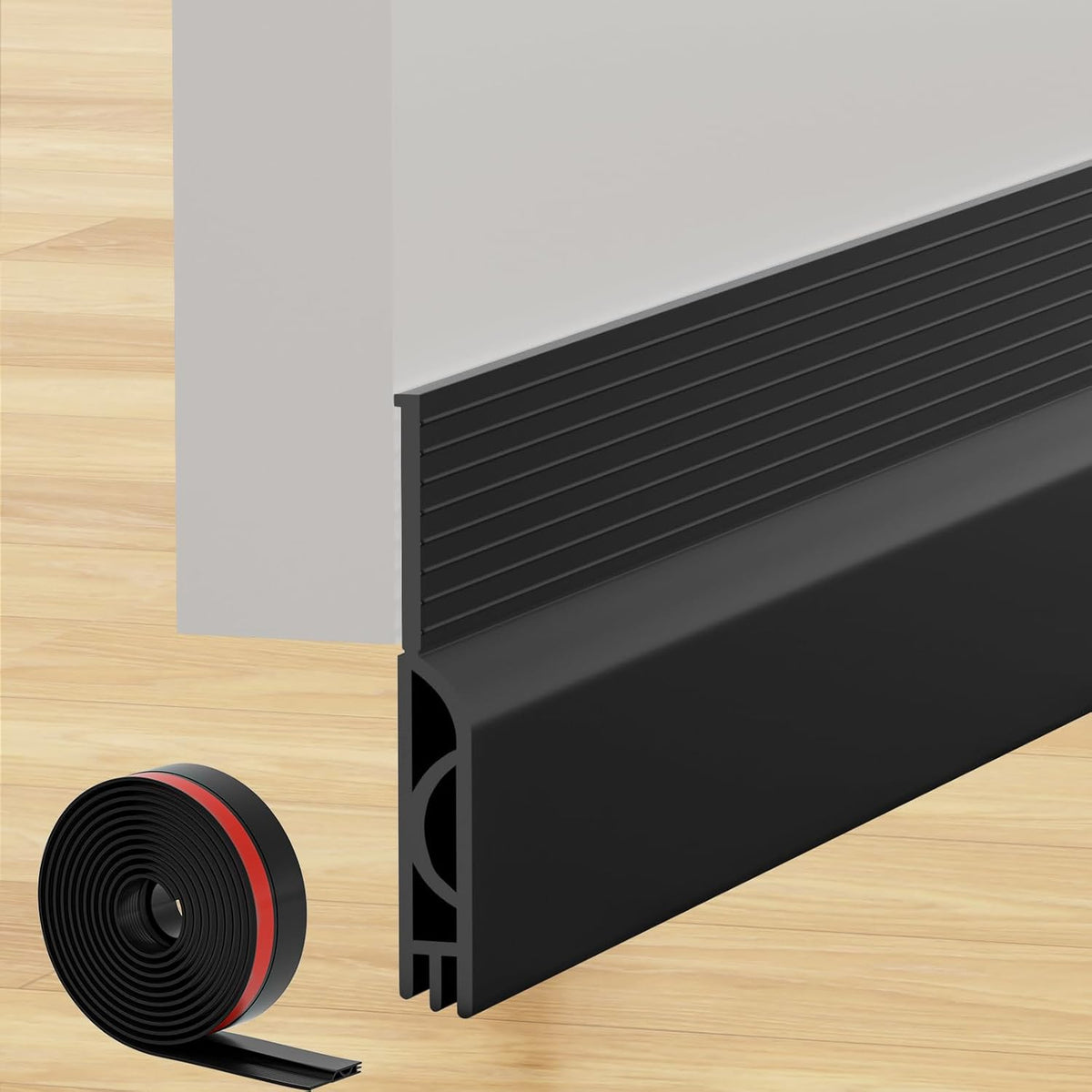 Under Door Draft Stopper, Self-Adhesive Door Sweep for Bottom of Door, Weather Stripping Doors Seal Soundproofing Insulation Strip, Doors Bottom Gap Blocker for Exterior/Interior (2M, Black)
