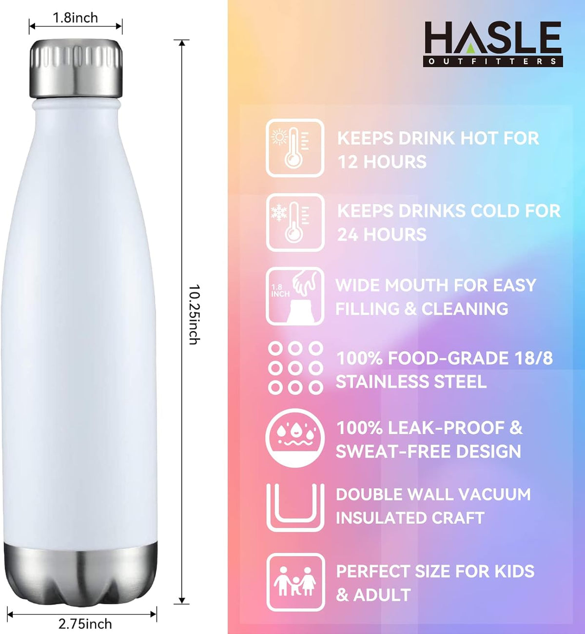 HASLE OUTFITTERS 17oz Stainless Steel Water Bottles Bulk, Vacuum Insulated Water Bottles Double Walled Powder Coated Reusable Metal Sports Water Bottles Keep Drinks Hot and Cold, White, 8Packs