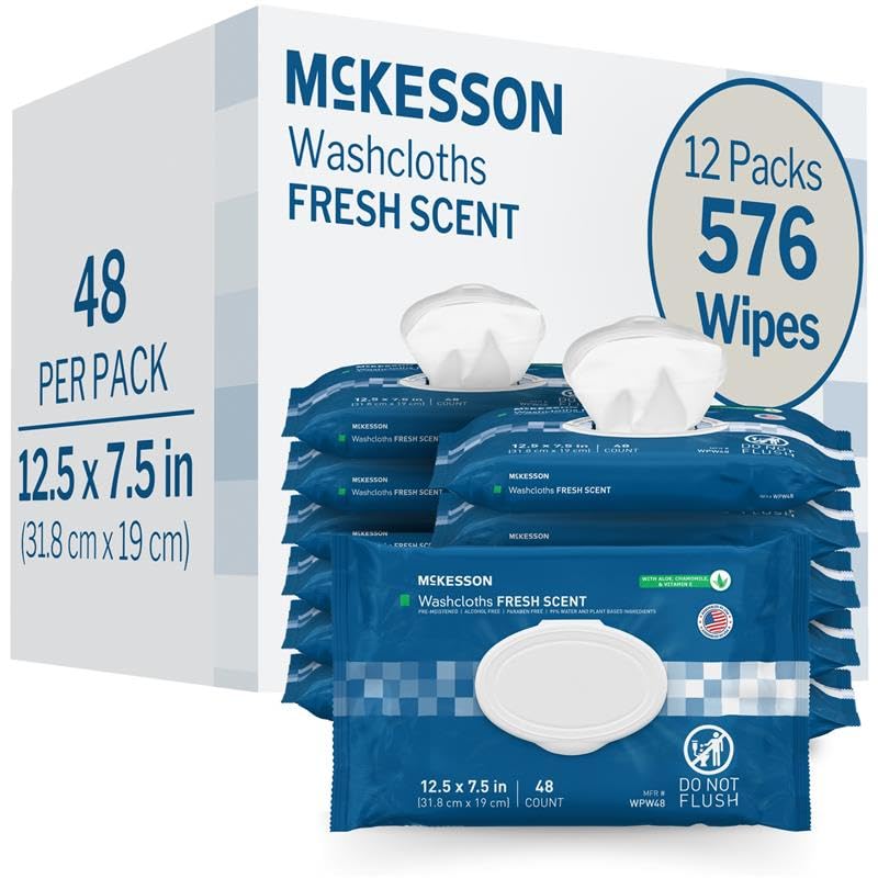 McKesson Washcloth Wipes for Adults, Scented (12 Pack, 576 Washcloths) Disposable Wash Cloths for Body - No-Rinse Formula with Snap Lid - Good for Incontinence and Elderly - 48 Wipes Per Pack
