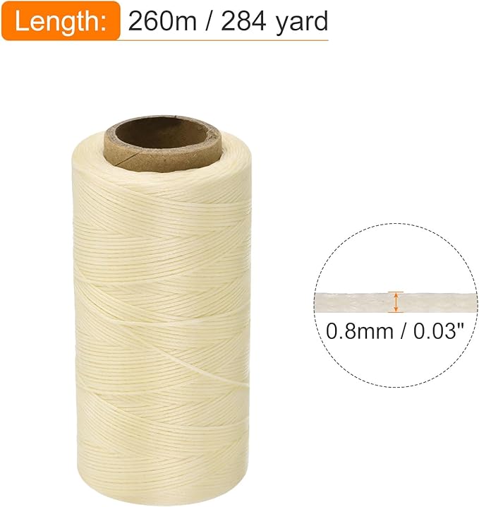 MECCANIXITY Waxed Thread,284 Yard 0.8mm 150D Flat Wax Thread Polyester Waxed String for Leather Sewing Hand Weaving Book Binding Home Decoration,Cream White