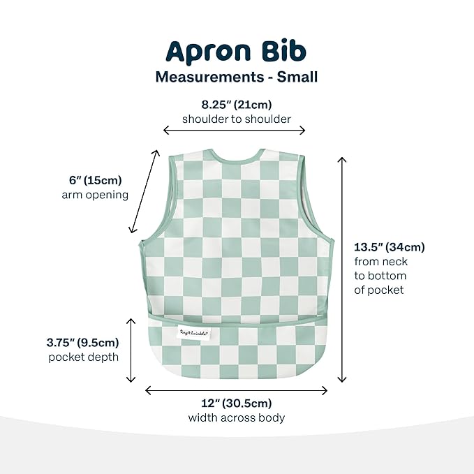 Tiny Twinkle Mess Proof Baby Bib - Waterproof & Lightweight Baby-Led Weaning Apron | 100% Recycled Polyester, Easy Clean & Machine Washable (Green Checkers, Large 2-4 Years)