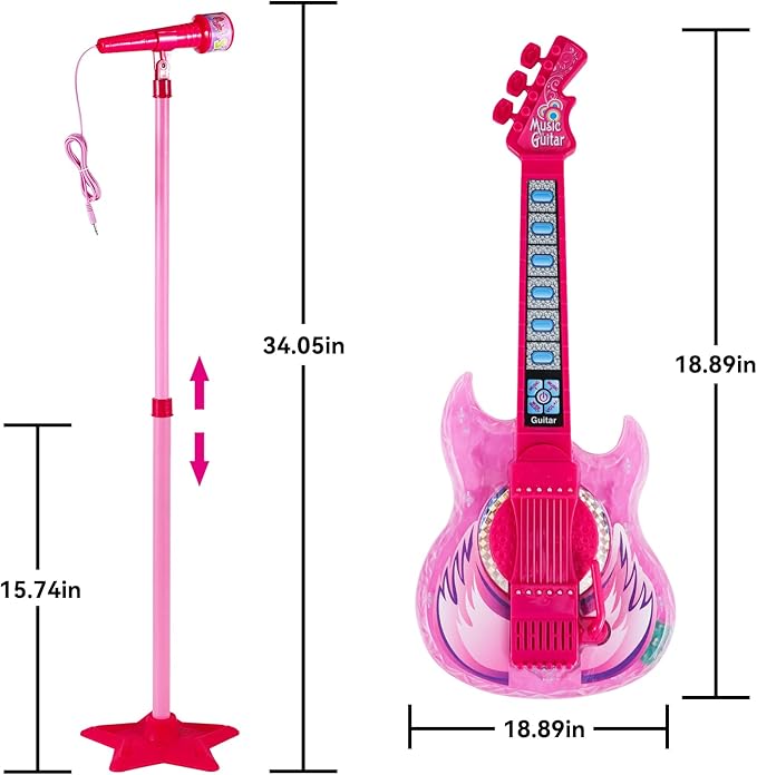 Guitar and Microphone Play Set for Girls,Karaoke Machine with Music&Light,Microphone Toys with Stand,Adjustable Height Guitar Toys for Kids,Toddlers,Child(Red)