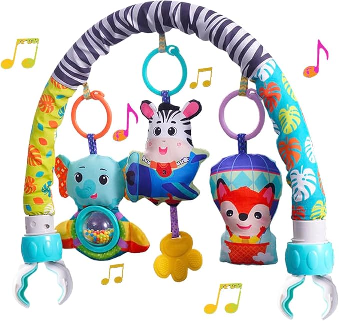 Baby Stroller Arch Mobile With Universal Clamps - Clip-On Activity Bar for Bassinet, Bouncer, Crib, Car Seat - Musical Infant Toys With Elephant Squeaker and Zebra Rattle