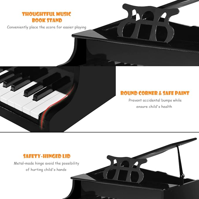 HONEY JOY Classical Kids Piano, 30-Key Mini Grand Piano with Music Stand and Bench, Wooden Musical Instrument Toy w/Lid & Music Rack, Gift for Boys Girls Ages 3+ (4 Straight Leg-Black)