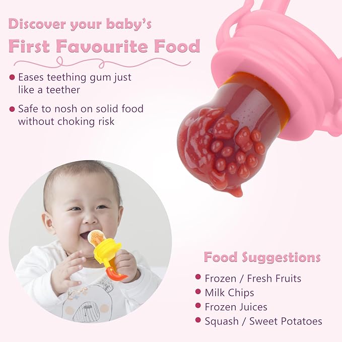WAJIAYON Baby Fruit Feeder/Food Feeder Pacifier (3 Pack)- Infant Teething Feeders | Silicone Teether Feeder Babies | Baby Feeding Essentials | Food Pacifier for Babies - Pink