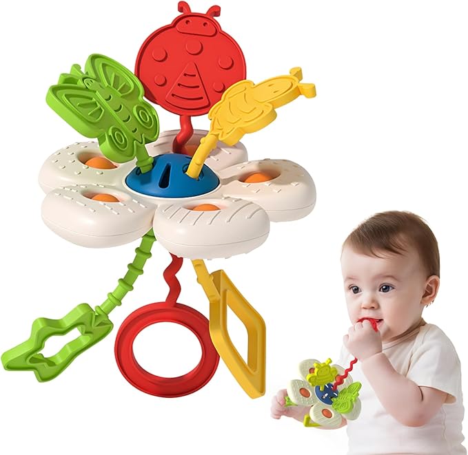 Baby Sensory Chew Toy for 6-12-18 Months, Soft Silicone Pull String Travel Toy for Car Seat & Stroller, Develops Fine Motor Skills & Vision, Early Learning Gift for Newborns and Toddlers Boys Girls