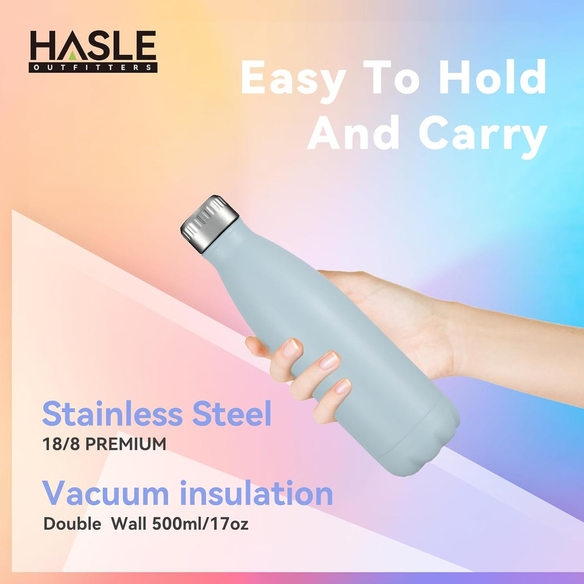 HASLE OUTFITTERS 17oz Stainless Steel Water Bottles Bulk, Vacuum Insulated Water Bottles Double Walled Reusable Metal Sports Water Bottles Keep Drinks Hot and Cold, Light Blue, 8Packs