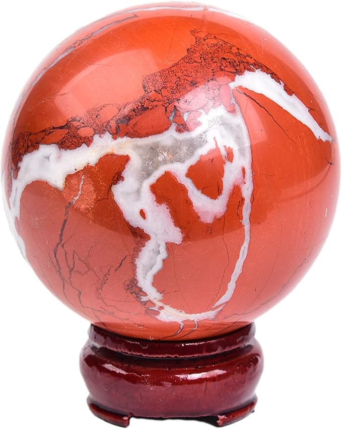 JIC Gem Red Healing Crystal Ball with Decoation Stand Red Jasper Gemstone Sphere Ball for Fengshui 、Meditation Energy Reiki Ball (100-110mm), 4-4.5inch