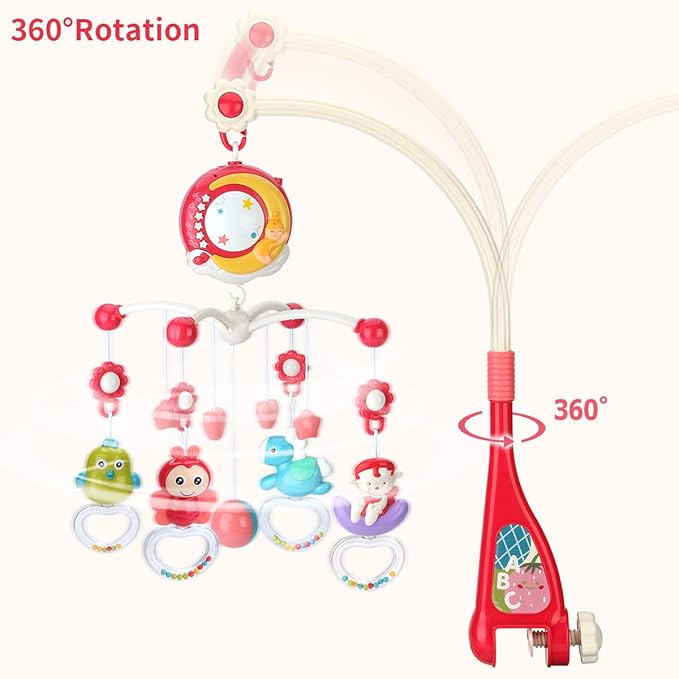 Mini Tudou Baby Musical Mobile Crib Toys with Projector and Light, Timing Function, Remote Control Baby Cot Mobile with Take Along Music Box and Rattles, Present for Newborn Babies Boys Girls