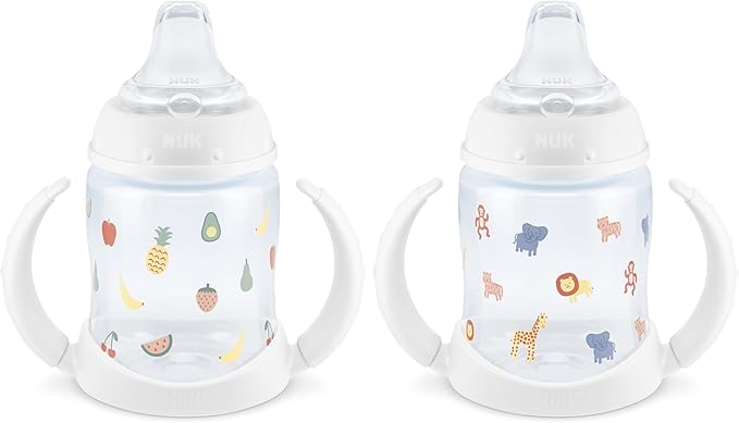NUK Learner Cup, 6+ Months, Fun Fruits and Animals, Amazon Exclusive Collection, 5 Oz, Pack of 2 – BPA Free, Soft Spout, Spill Proof Sippy Cup